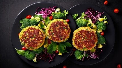 Vegan burgers with quinoa, broccoli, cauliflower served with salad on gray table. Vegan healthy lunch or dinner. top view