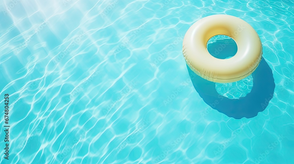 Poster inflatable ring floating in swimming pool on sunny day, top view with space for text