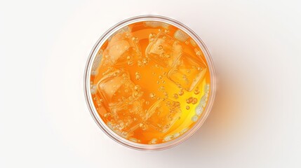 Glass of orange soda drink isolated on white background. From top view