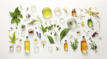 Organic cosmetic product, natural ingredient and laboratory glassware on white background, top view - obrazy, fototapety, plakaty