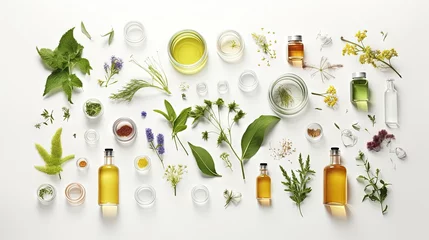 Poster Organic cosmetic product, natural ingredient and laboratory glassware on white background, top view © HN Works