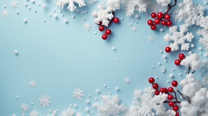Christmas or winter composition. Frame made of snowflakes and red berries on pastel blue background. Christmas, winter, new year concept. Flat lay, top view, copy space - 674804655