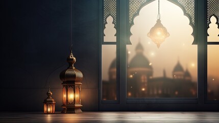 Islamic decoration background with mosque window waving ribbon lantern crescent, ramadan kareem, mawlid, iftar, isra miraj, eid al fitr adha, muharram, copy space text, 3D illustration. - obrazy, fototapety, plakaty