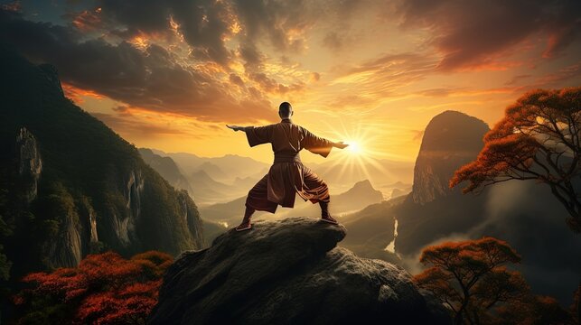 Asian man, fighter practices martial arts in high mountains at sunset. Kung fu and karate pose. Also concepts of discipline, concentration, meditaion etc. Unique
