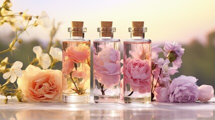 Panoramic header of three essential oil bottles with rose de mai flowers in the background - obrazy, fototapety, plakaty