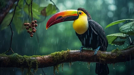 Foto op Canvas Bird with open bill, Chesnut-mandibled Toucan sitting on the branch in tropical rain with green jungle in background. Wildlife scene from nature. © HN Works