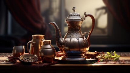 Arabic Coffee pot traditional. Saudi Coffee Dallah, A still life of Saudi traditional coffee pot or Dallah, - obrazy, fototapety, plakaty