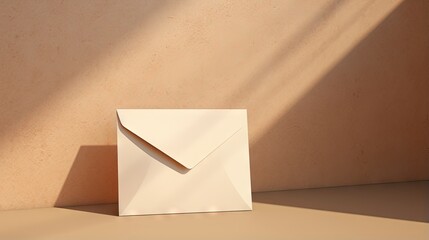 Blank paper card mock up, envelope, notebook on a neutral beige background with geometric abstract sunlight shadows, minimalist business brand template, copy space