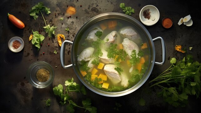 Cooking - preparing chicken stock (broth or bouillon) with vegetables in a pot. Kitchen - grey concrete worktop scenery from above (top view, flat lay).