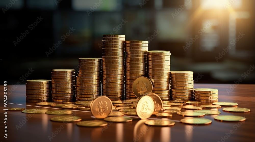 Poster stack of money coin with trading graph, financial investment concept can be use as background