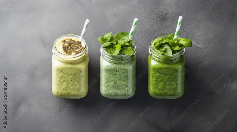 Poster Variety of three color green spinach kale apple yogurt smoothie in mason jars with retro cocktail tubes and ingredients above over gray texture background. Healthy vegan detox eating. Top view, space