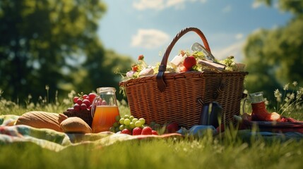 Picnic basket with food on green sunny lawn.