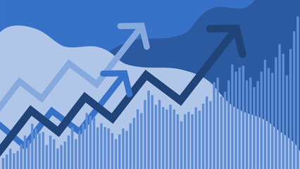 Financial themed background, with bar chart and arrows with an upward trend on blue tones. - obrazy, fototapety, plakaty
