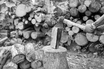 Photography on theme big steel axe with wooden handle
