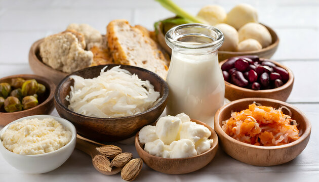 variety of postbiotic-rich foods including fermented foods and yogurt on white background table
