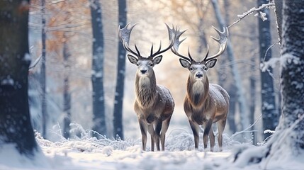 Twins. Winter Wildlife Landscape With Two Noble Deer (Cervus elaphus). Deer With Large Branched Horns On The Background Of Snow-Covered Birch Forest. Two Stag Close-Up, Artistic View. Two Trophy Deer