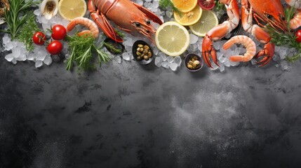 Fresh seafood with herbs and lemon on ice. Prawns, fish, mussels and scallops over steel metal...
