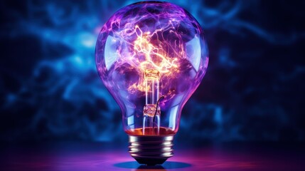 High speed studio photography, moment of the impact of a bullet on a classic electric bulb. Detail of glass explosion, blue and purple lighting. Concept of obsolete energy. - obrazy, fototapety, plakaty