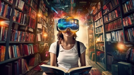woman in virtual relity glasses reading book self education distance studying literature fan vr vision headset innovation metaverse