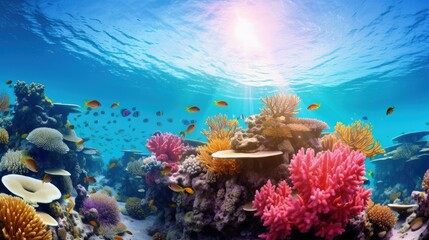 Naklejka na ściany i meble Wonderful underwater marine scenery wide angle photos, these coral reef are in healthy condition. The diversity is amazing and the marine life is abundant. The tropical waters of Indonesia.
