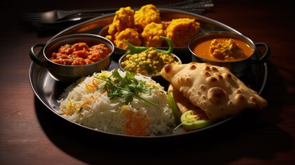 vegetarian Indian thali or Indian home food with lentil dal, cauliflower curry, roti or Indian flat bread and rice