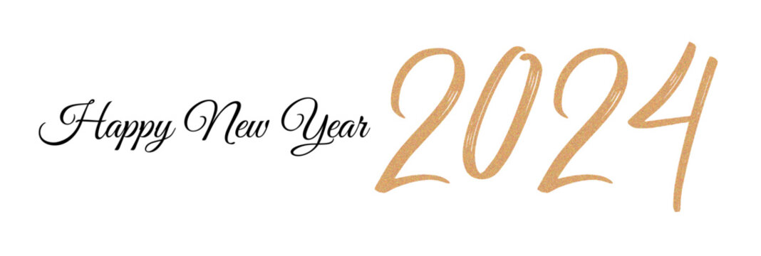 Happy new year 2024 banner with calligraphic font and brush painted sparkles and glitter text effect vector illustration on white background for new year' eve, and new year resolution and happy wishes