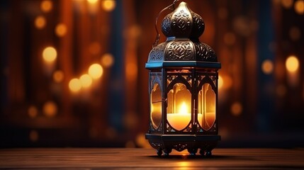 Muslim Holy Month Ramadan Kareem - Ornamental Arabic Lantern With Burning Candle Glowing At Evening - obrazy, fototapety, plakaty