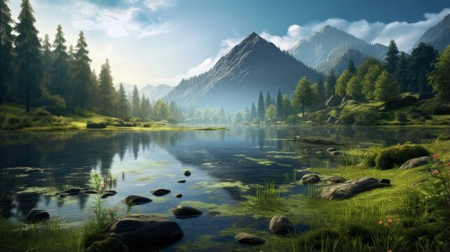 Fabulous misty morning scene of nature. View of Forest lake in highland with rocky peak on background. Stunning wild nature during sunrise. Amazing natural summer scenery Creative image for design