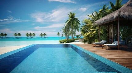 Fototapeta premium Blue water swimming pool and bungalows. Magnificent Maldivian Villa. Бассейн и бунгало, Мальдивы