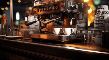Fototapeta na wymiar Cup of coffee in the coffee machine ready to start the breakfast service in a restaurant. Waiters