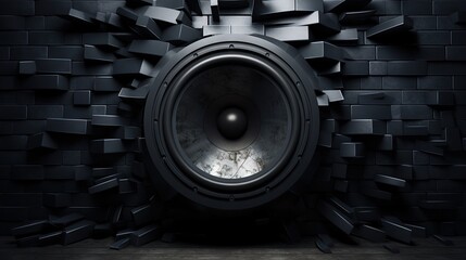 Black wall breaks from the sound of a loudspeaker. 3d illustration
