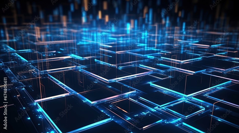 Leinwandbilder Abstract 3d technology and science neon visualization. Blockchain and cryptocurrency. Digital wallpaper. Business concept. Big data and artificial intelligence. Rendering computer virtual reality
