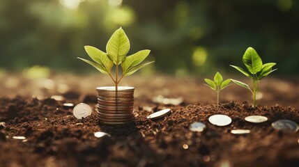 Investment ideas for success Coins and small trees on the ground outdoor nature blurred background - obrazy, fototapety, plakaty