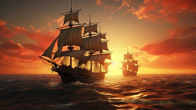 old three ships sunset at sea, 3d rendering illustration