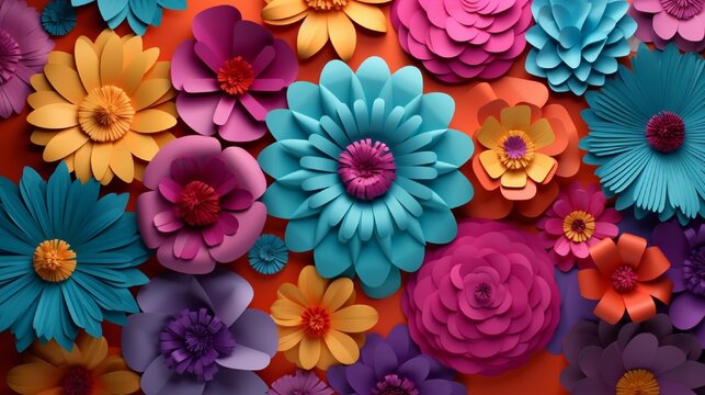 3d rendering, paper art, decorative flowers, floral background, botanical pattern, vivid candy colors, vibrant palette, isolated design elements
