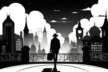 City Traveler, 2D, Black Silhouette, White Background. Generative AI