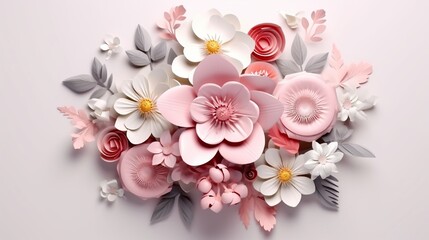 3d rendering, paper flowers, pastel color palette, botanical background, isolated clip art, round bouquet, floral arrangement