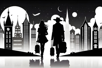 City Traveler, 2D, Black Silhouette, White Background. Generative AI
