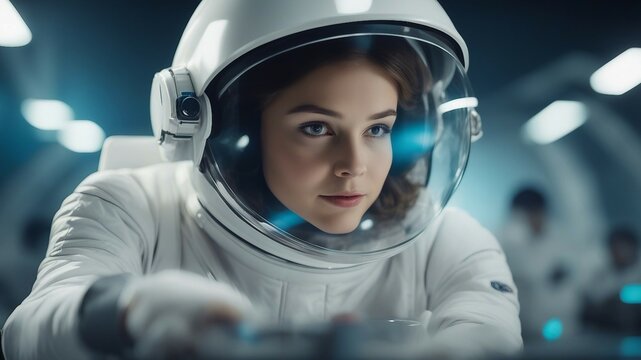 portrait of a person wearing a helmet  A smart girl astronaut with a white suit and a helmet. The girl is flying in a bright space  