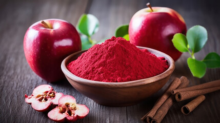 Obraz na płótnie Canvas Apple pectin fiber powder in wooden bowl and fresh red apple