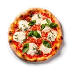 Top view on Margherita pizza on white background.