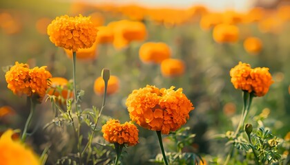 Marigold flower in field with blur background