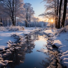 A stream running through a snow covered forest