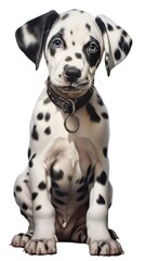 A dalmatian puppy sitting on a white background