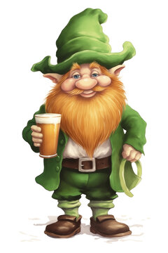  Watercolor Irish gnome, in full body, symbolizing St. Patrick's Day, with Pint glass of beer in hand