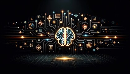 Futuristic ai technology represented on a horizontal, deep black panoramic background