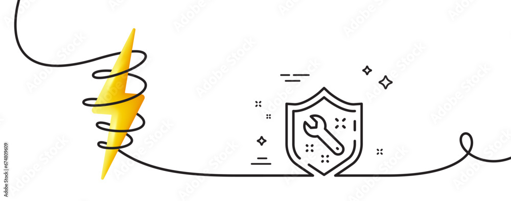 Poster spanner tool line icon. continuous one line with curl. repair service sign. shield protection symbol