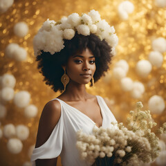 Dark Skinned Woman with Coily Hair in a Greek Goddess Inspired Dress with Flowers Accessories 