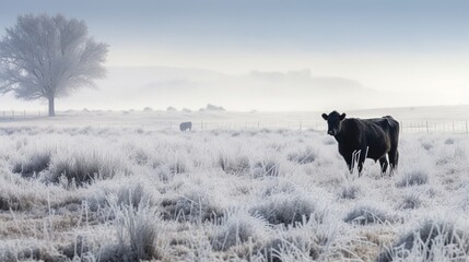 A beautiful contrast of a Black Angus Cow grazing in a white frosted field on a foggy wintry...