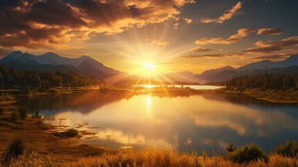 A beautiful golden sun setting over the distant mountains sending shining rays of yellow light over a quiet little country lake - obrazy, fototapety, plakaty